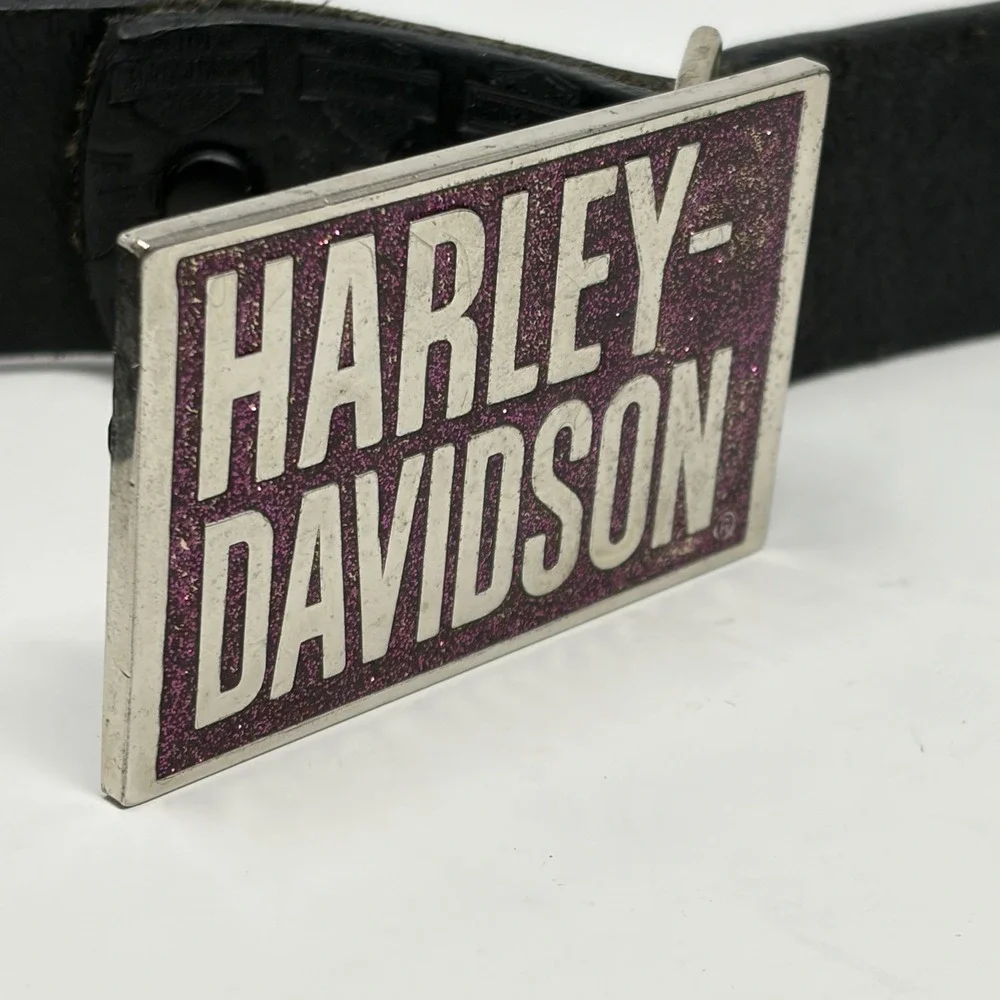 Harley-Davidson Women's Leather Belt 32 Purple Glitter Buckle USA 2006 Y2K